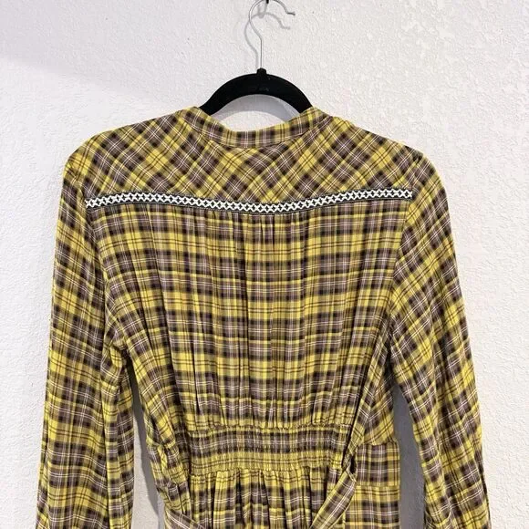 Anthropologie Dalton Wrap Maxi Dress Plaid Mustard Yellow Academia Fall Medium - Picture 5 of 16